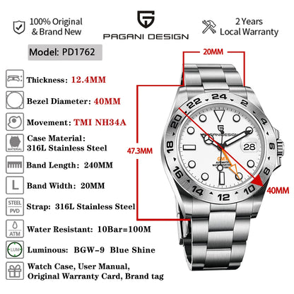 PAGANI DESIGN Men's GMT Stainless Steel Sport
