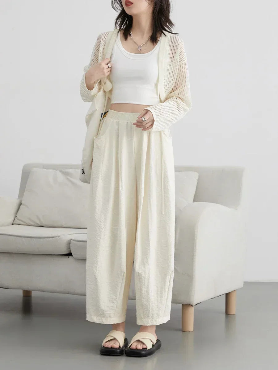 White Pants Casual Elastic High Waisted Womens
