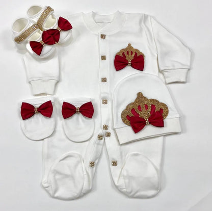 4 Pcs Boy/Girl Rhinestone Crown Jumpsuit Clothing