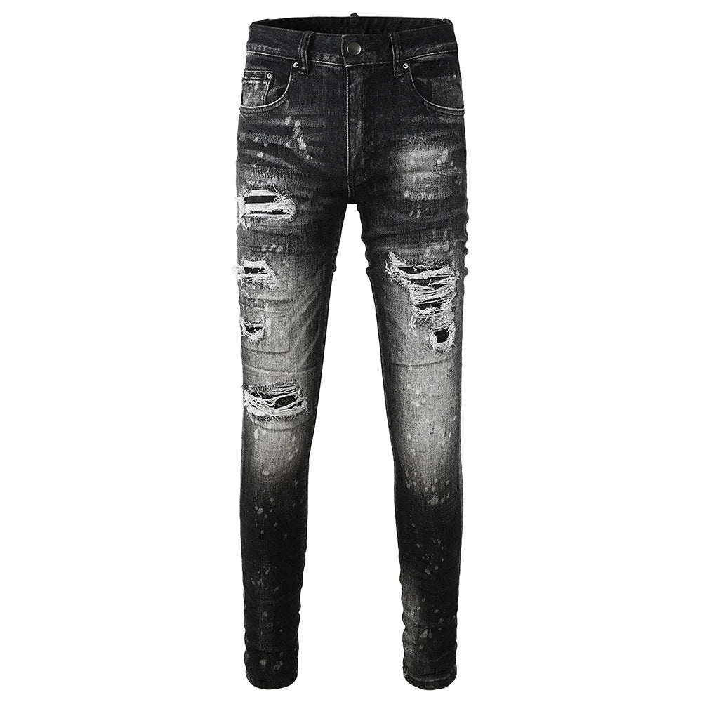 Men Ripped Distressed Black Slim Tapered Jeans