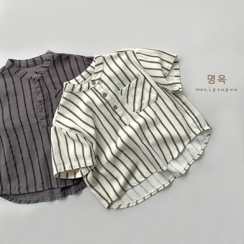 Boys Cotton Striped Pocket Casual Short Sleeve
