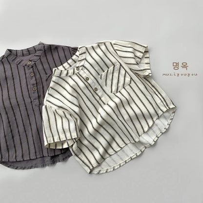 Boys Cotton Striped Pocket Casual Short Sleeve