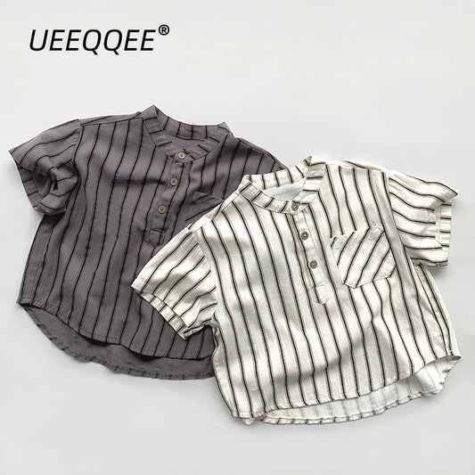 Boys Cotton Striped Pocket Casual Short Sleeve