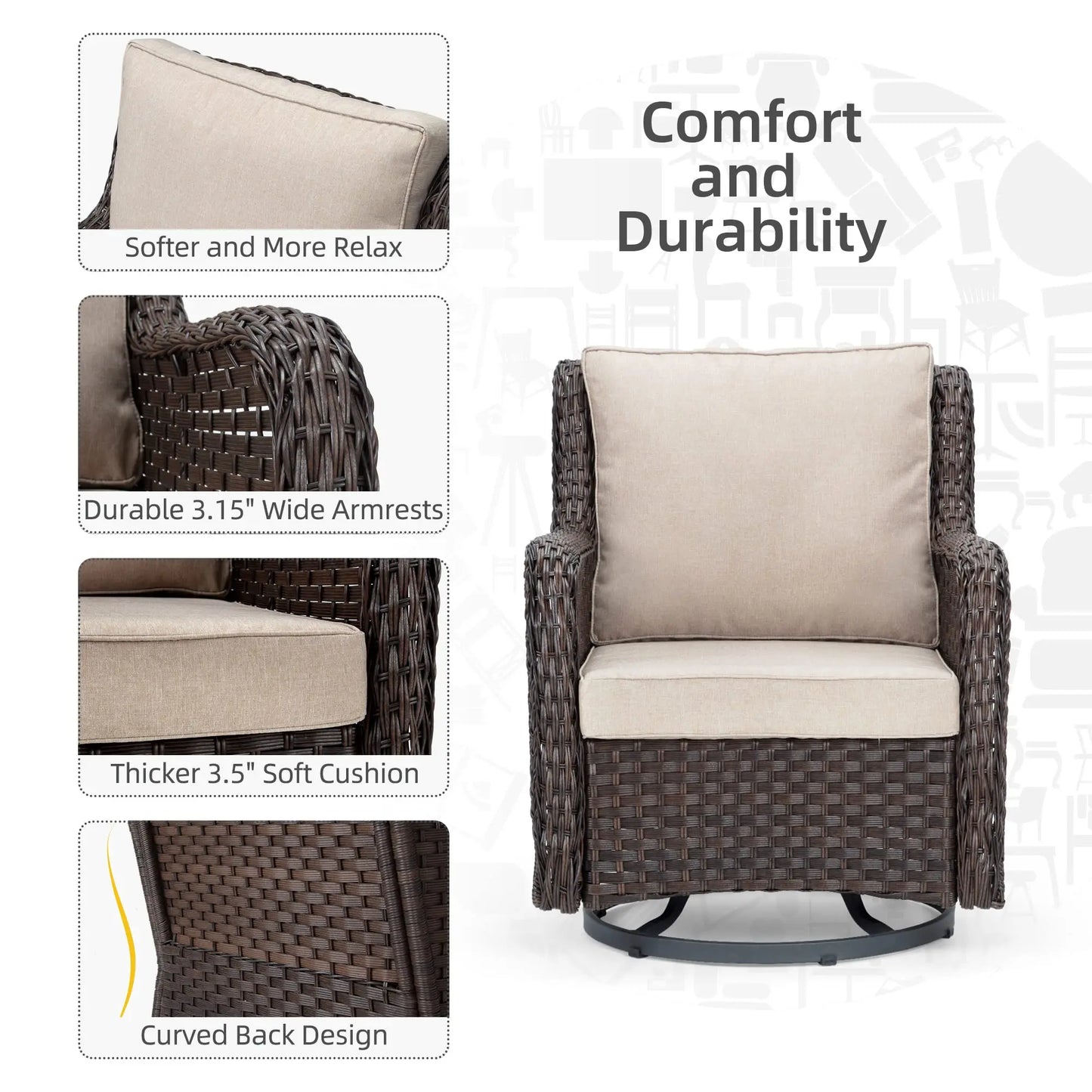 3-Piece Wicker Swivel Rocker Patio Set, Glass Table
