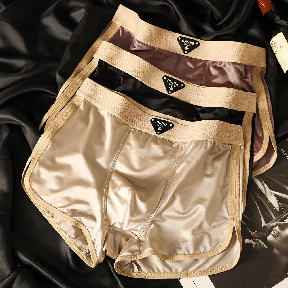 3PCS Luxury Silk Men's Breathable Double-layer Boxer