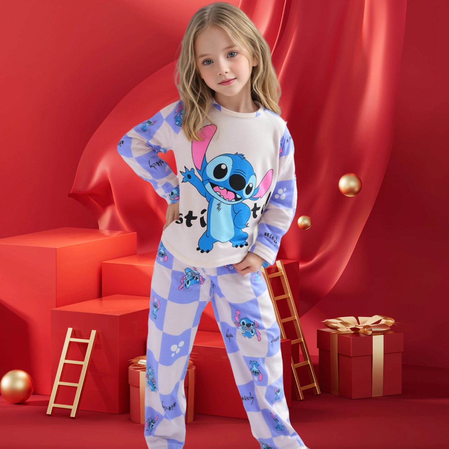 2 Pcs Boys/Girls Stitch Pajamas Casual Sleepwear Long Sleeve