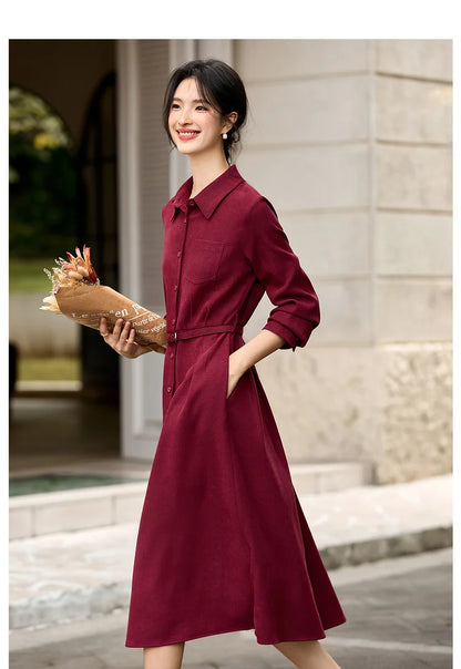 Woman Red Long Dress French Style Vintage