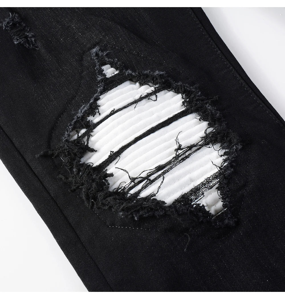 Men's White Pleated Patch Denim Jeans Streetwear