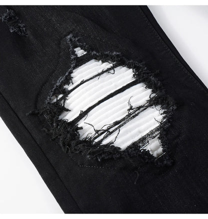 Men's White Pleated Patch Denim Jeans Streetwear