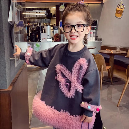 Girls' Casual Stylish Patchwork Tulle Hoodie Dresses