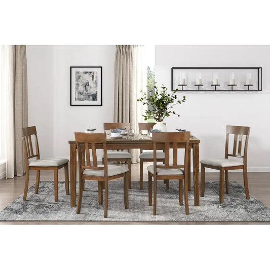 7-Piece Cherry Finish Table and 6 Upholstered Chairs Wooden