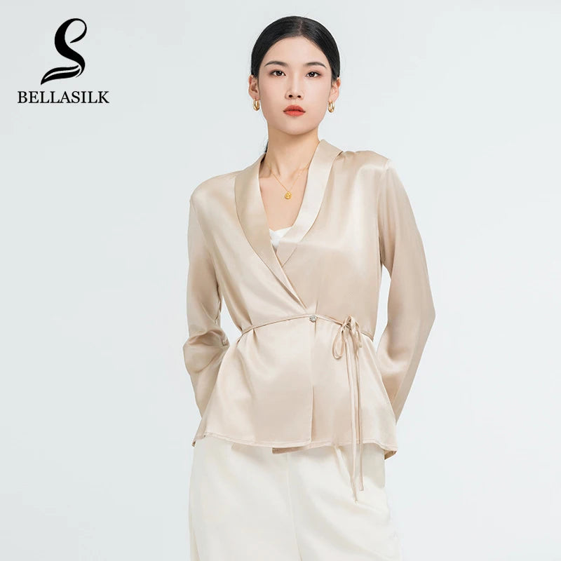 Real Silk Woman Blouses Lace-Up V-Neck
