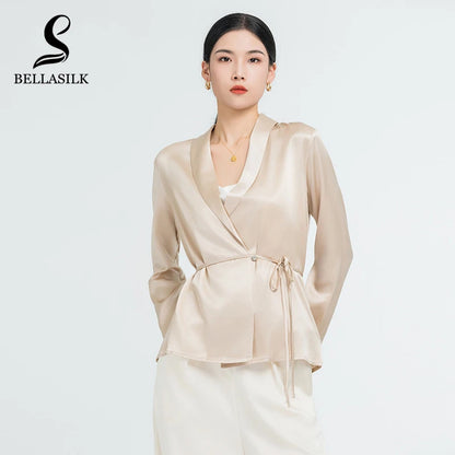 Real Silk Woman Blouses Lace-Up V-Neck