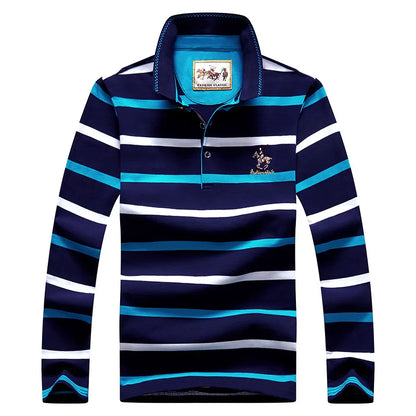 Men Polo Shirt Cotton Long Sleeve Stripe