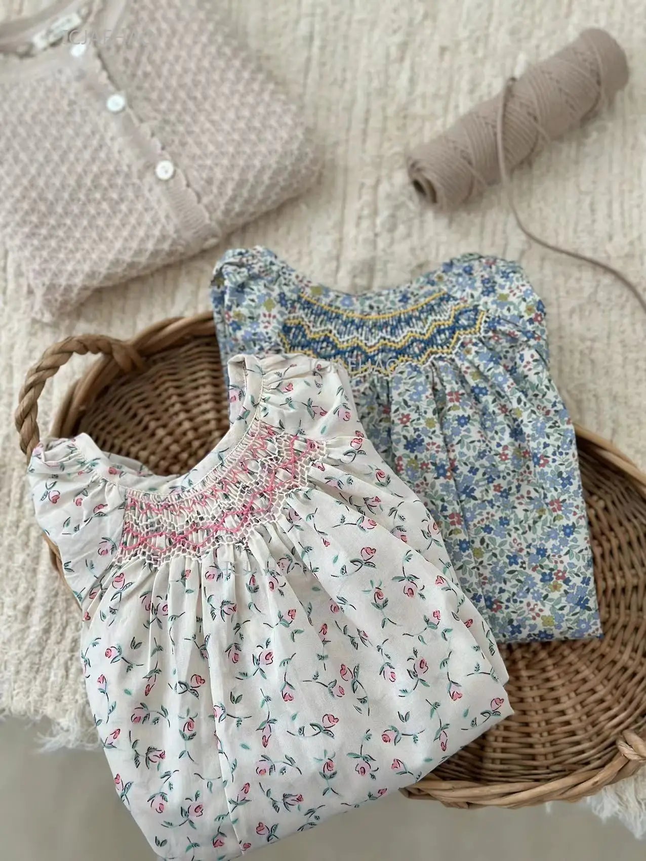 Girls Printed Hand Smocked Blouse Cotton Shirt