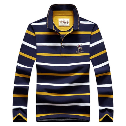 Men Polo Shirt Cotton Long Sleeve Stripe