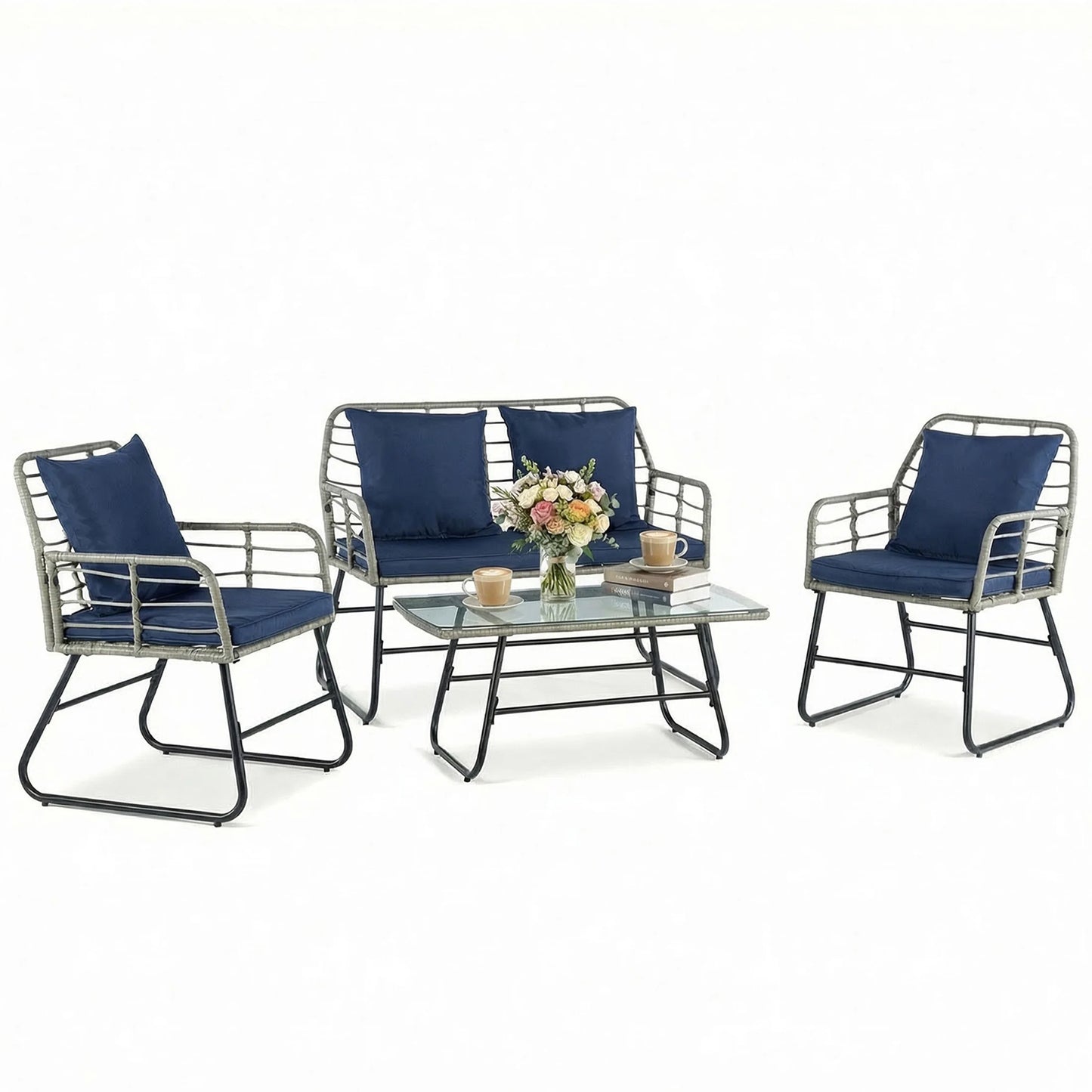 4 PCS Outdoor Wicker Patio Furniture Soft Cushion