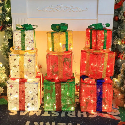 3Pcs Christmas Gift Box Decoration with Glowing Bow