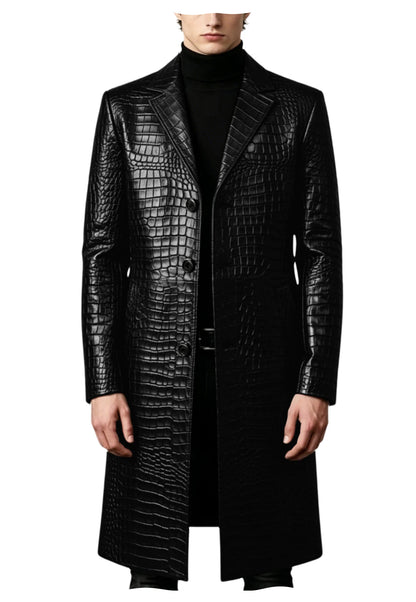 Men's Crocodile Leather Trench Coat Luxury Long