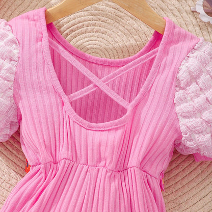Girls Bubble Sleeve Ribbed Short Romper Set