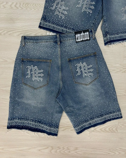 Men Woman Rhinestone Sequin Denim Shorts