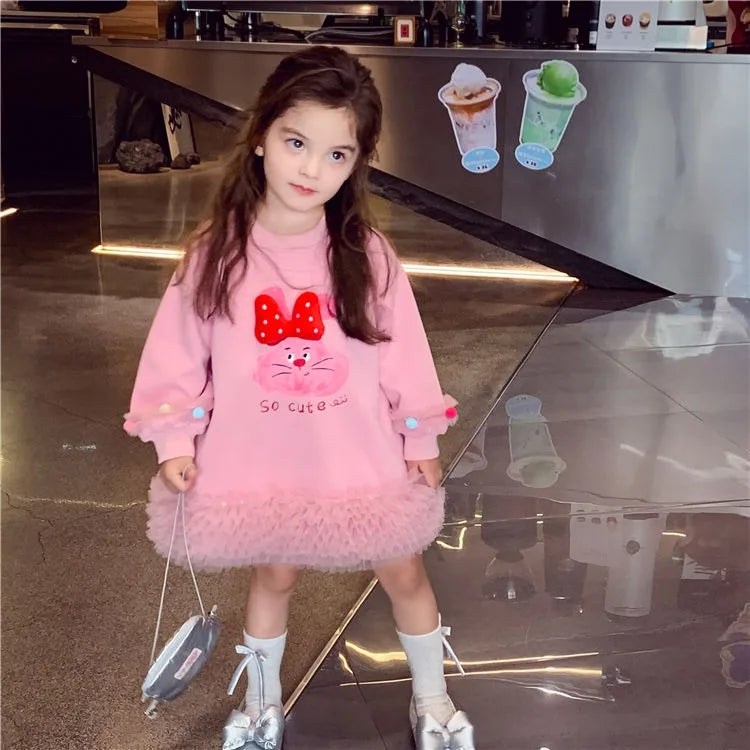 Girls' Casual Stylish Patchwork Tulle Hoodie Dresses