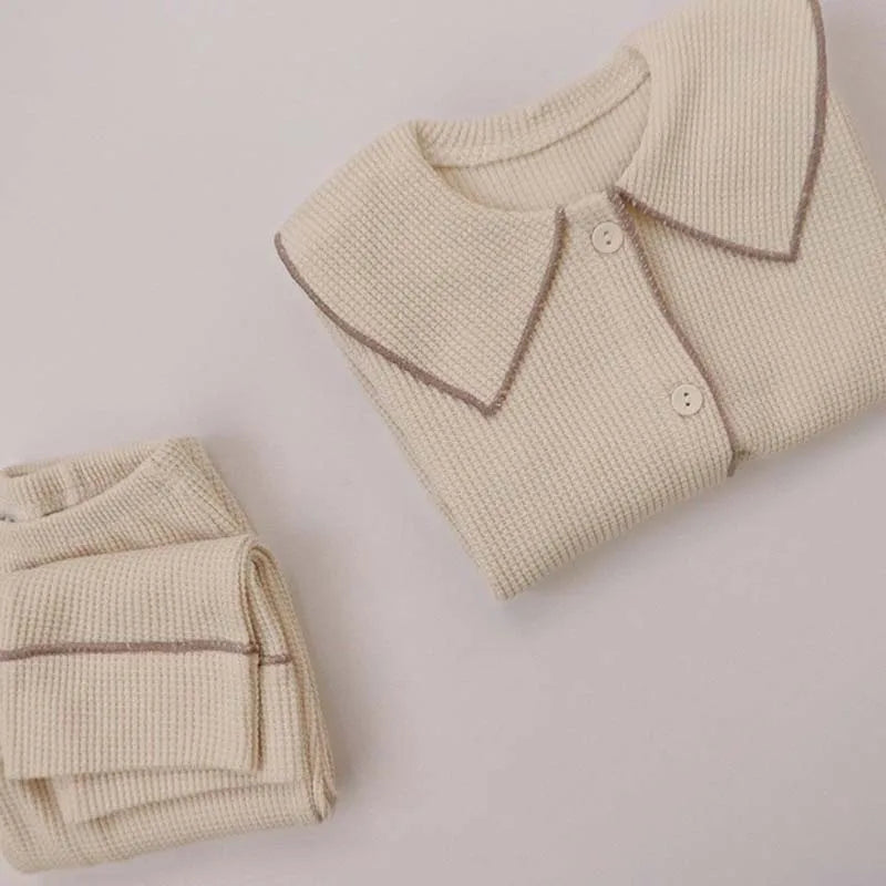 2 Pcs Waffle Baby Girls Pajamas Casual Long Sleeve