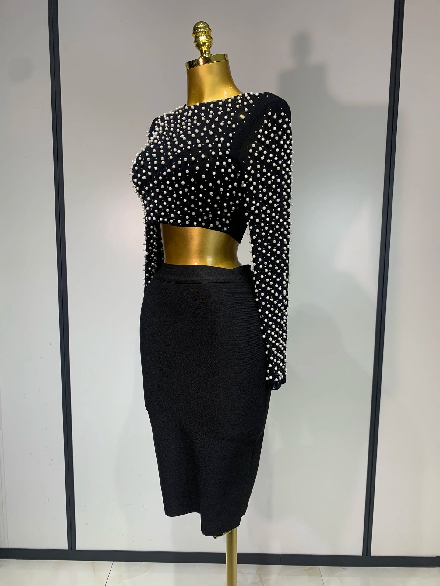 2 Pcs Women Sexy Long Sleeve Mesh Pearl Top