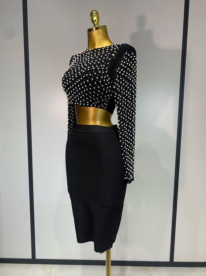 2 Pcs Women Sexy Long Sleeve Mesh Pearl Top