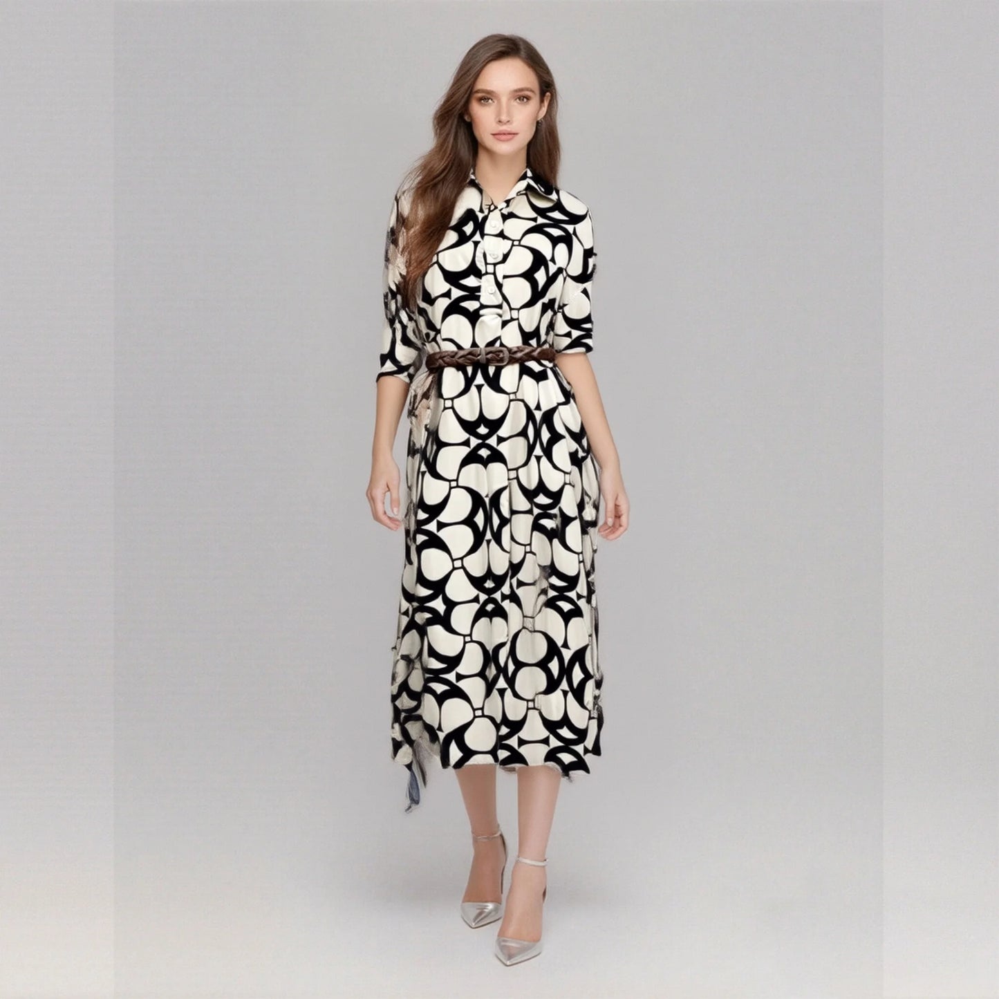 Lapel Cotton Printed Long Sleeved Dress