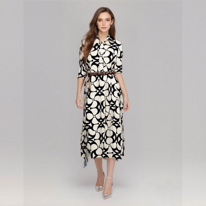 Lapel Cotton Printed Long Sleeved Dress