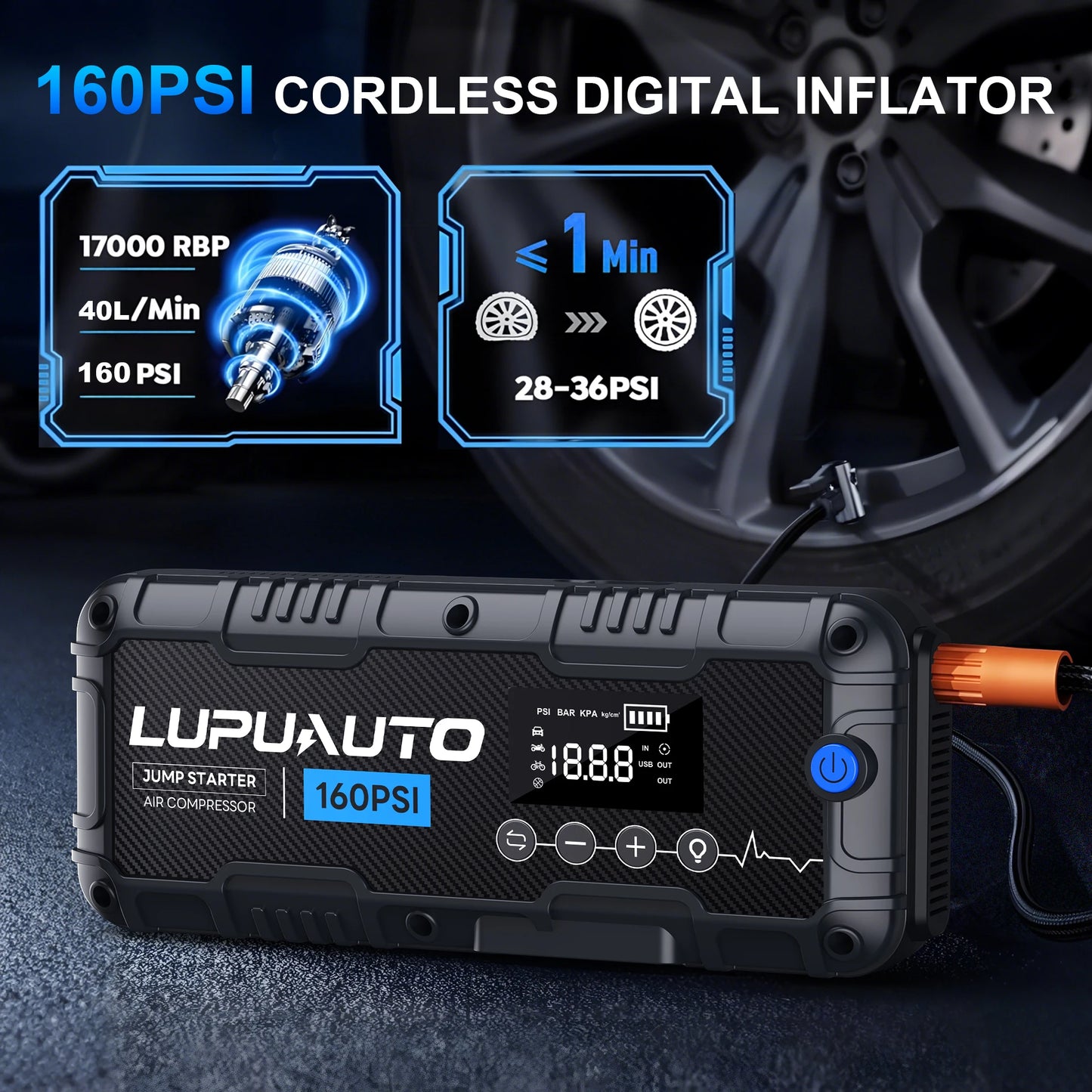 4 In 1 Car Jump Starter, Tire Inflator Pump Compressor