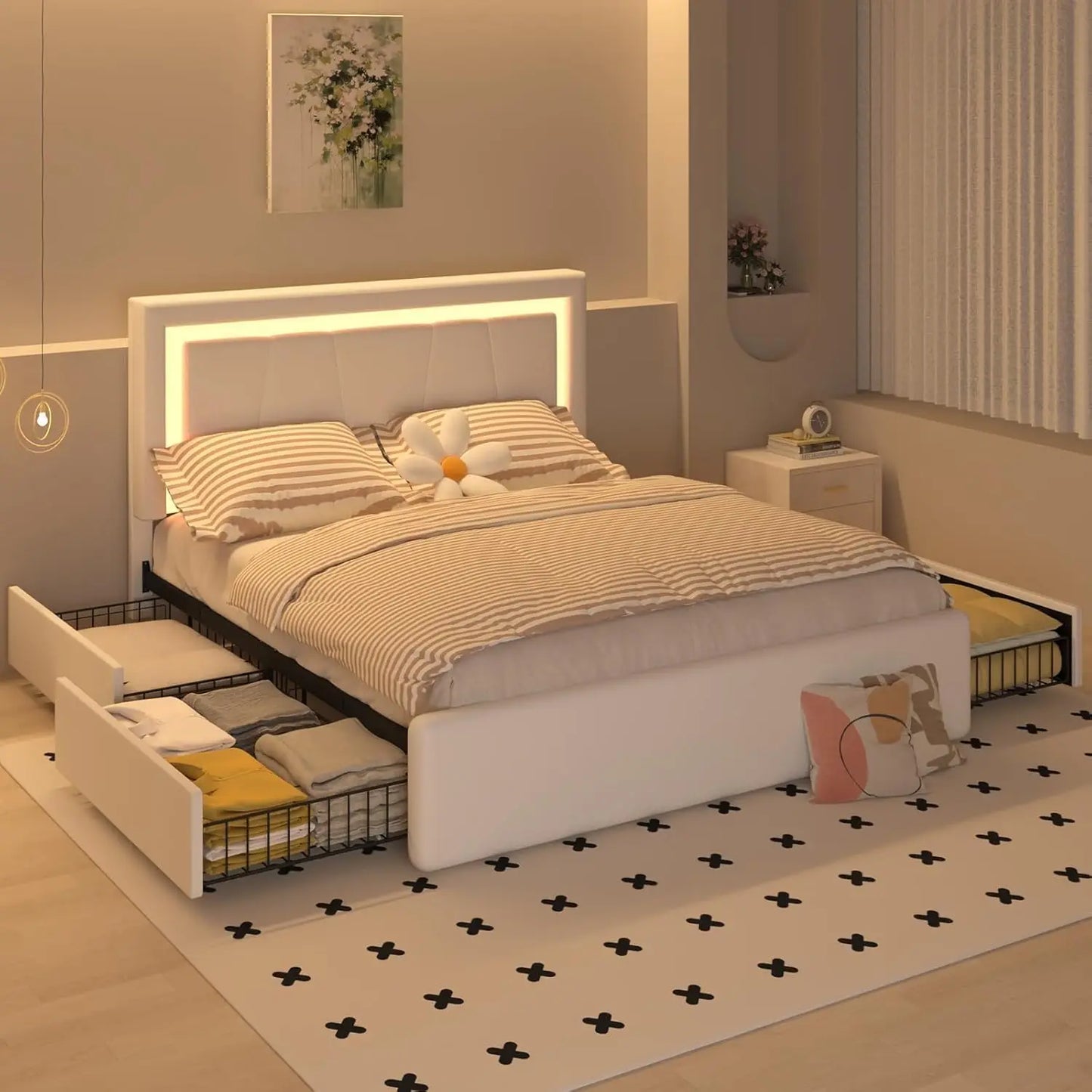 Upholstered Platform LED Bed with Type-C&USB