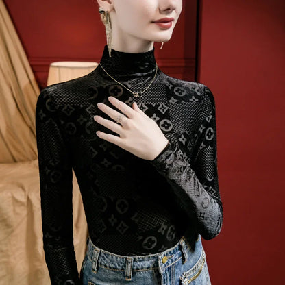 Women Print Flocking Sexy Casual Blouse