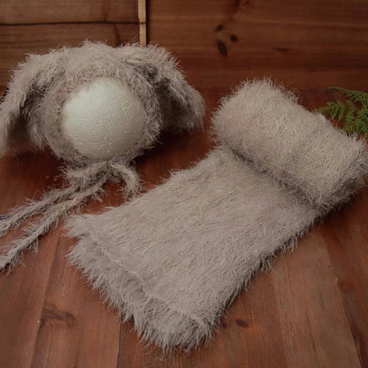 Vintage Knit Stretch Fuzzy Wrap And Bunny Hat
