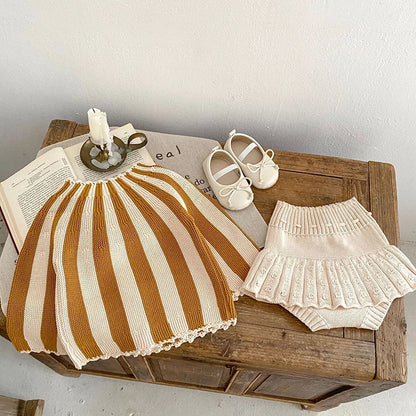2 Pcs Baby Girls Long Sleeve Striped Cardigan Coat+ Shorts