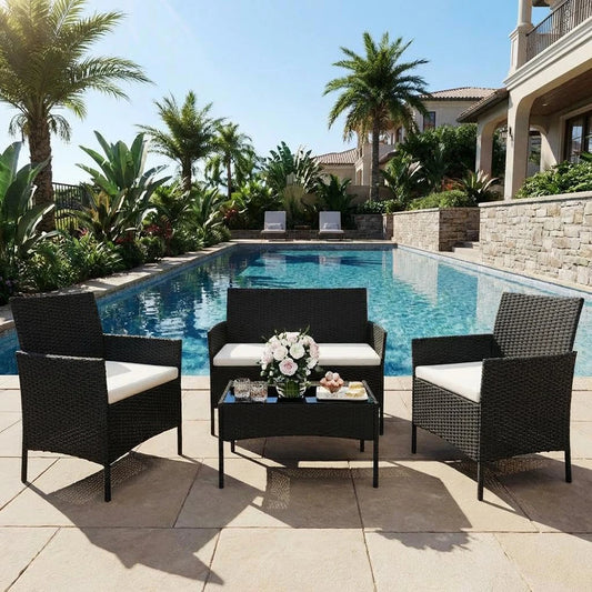 4-Piece Pe Rattan Patio With Glass Top Table & Cushions