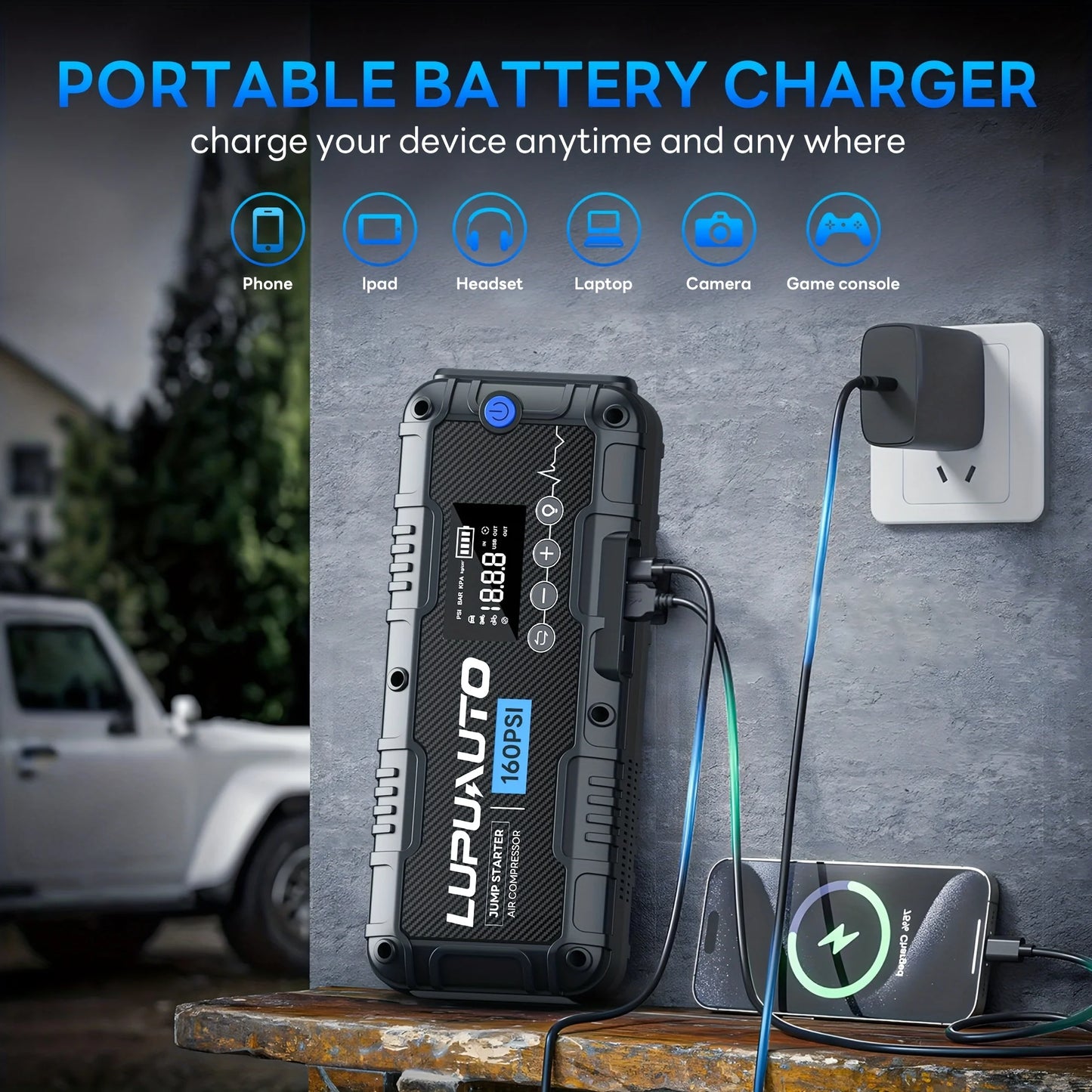 4 In 1 Car Jump Starter, Tire Inflator Pump Compressor