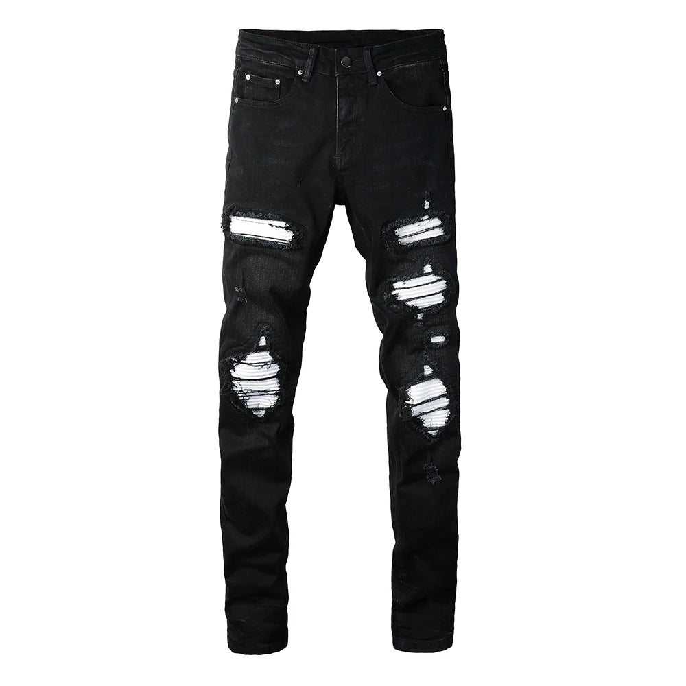 Men's White Pleated Patch Denim Jeans Streetwear