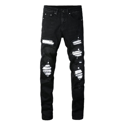 Men's White Pleated Patch Denim Jeans Streetwear