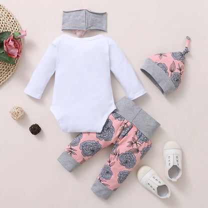 4 Pcs Baby Girl Clothing Long Sleeve Romper Hat & Headband