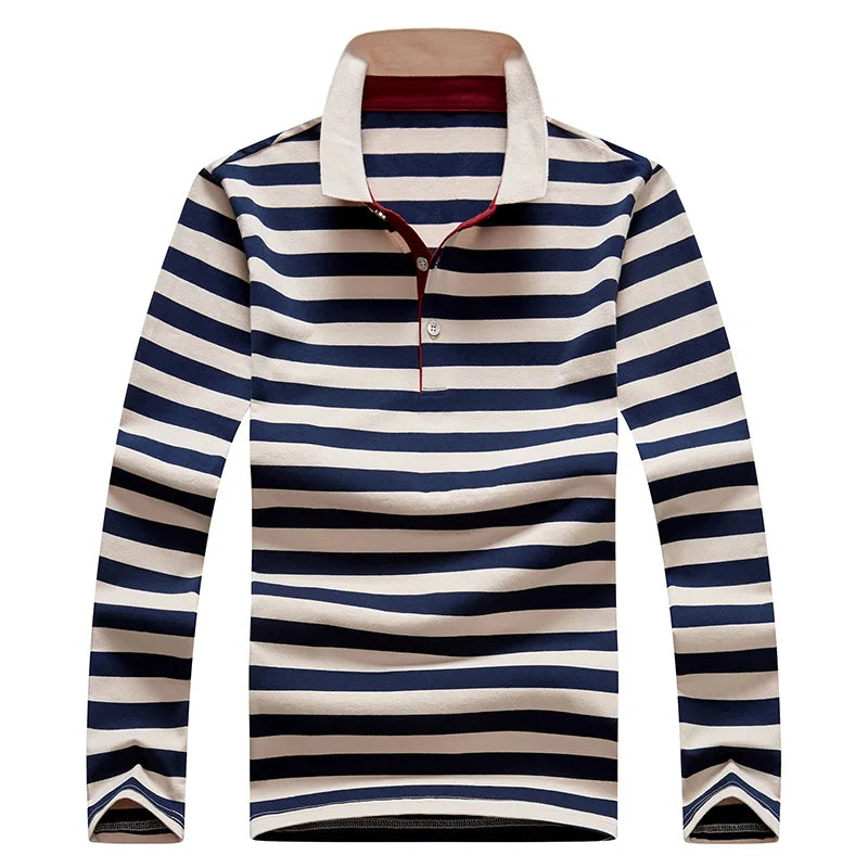 Men Polo Shirt Cotton Long Sleeve Stripe