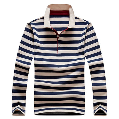 Men Polo Shirt Cotton Long Sleeve Stripe