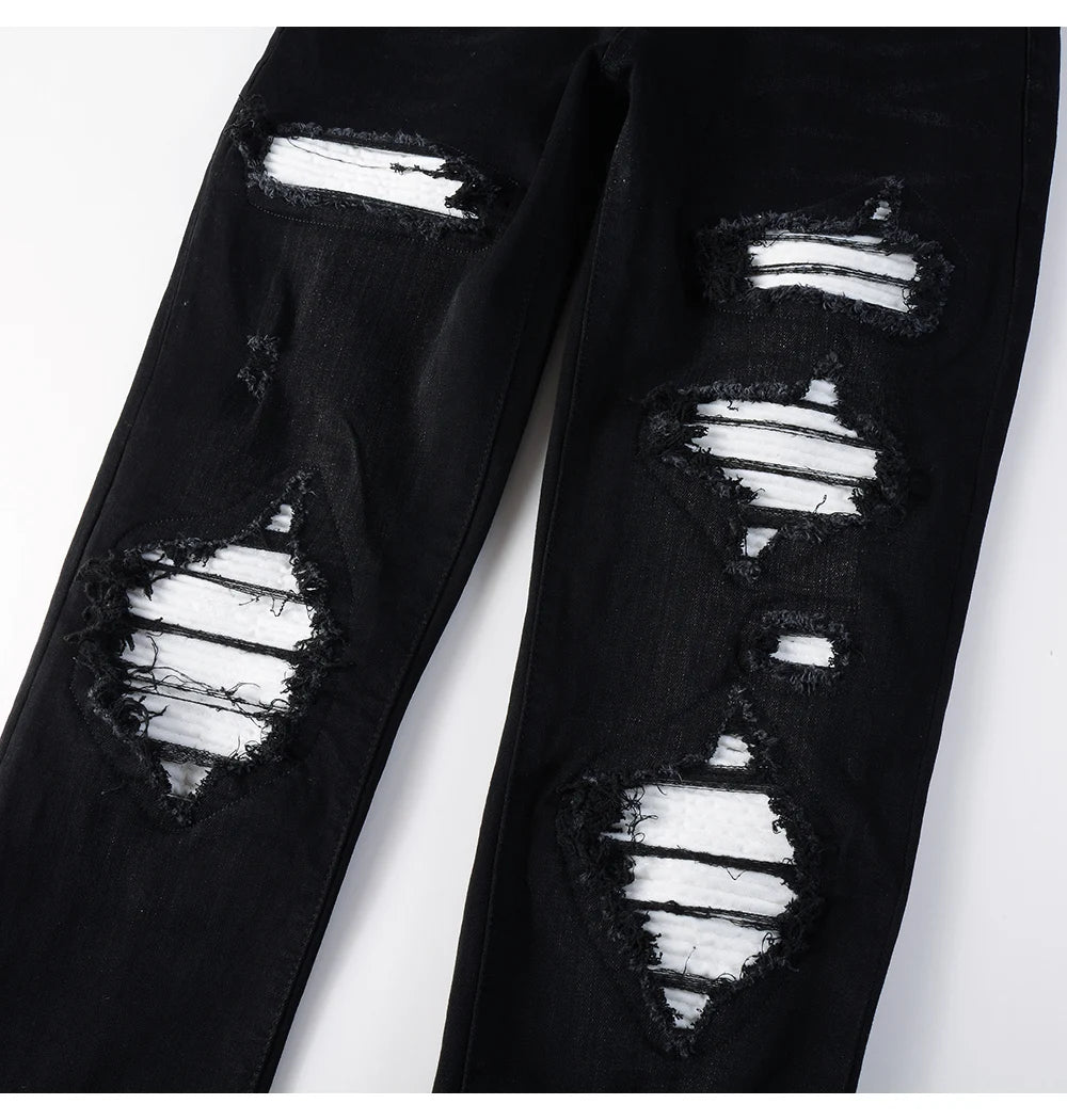 Men's White Pleated Patch Denim Jeans Streetwear