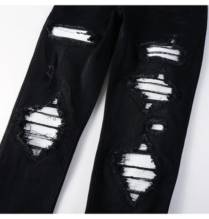 Men's White Pleated Patch Denim Jeans Streetwear
