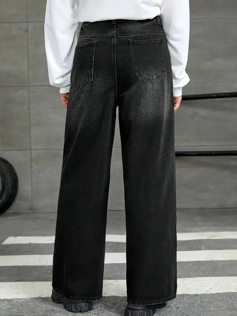 Men'S Loose Fit Black Denim Wide Leg Jeans