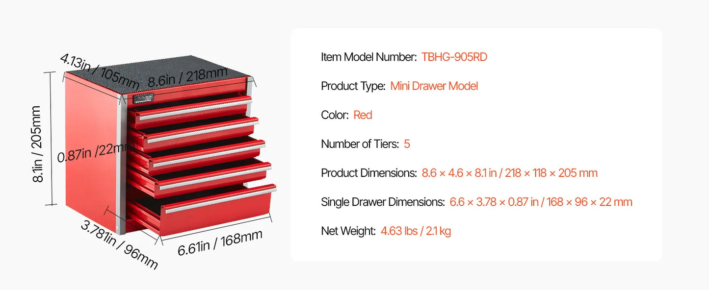 5-Drawer Metal Tool Box Red/Black Portable Tools Storage