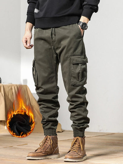 Cargo Pants Men Multi-Pockets Drawstring Fleece Liner