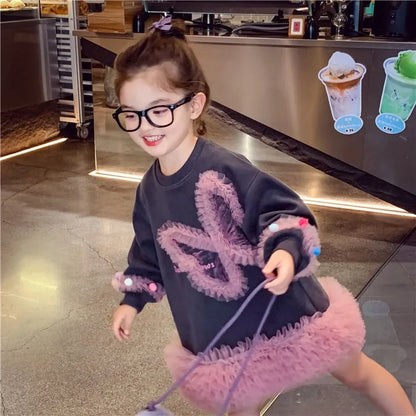 Girls' Casual Stylish Patchwork Tulle Hoodie Dresses