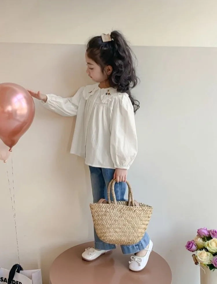 White Girl's Blouse Cotton Doll Collar Shirt